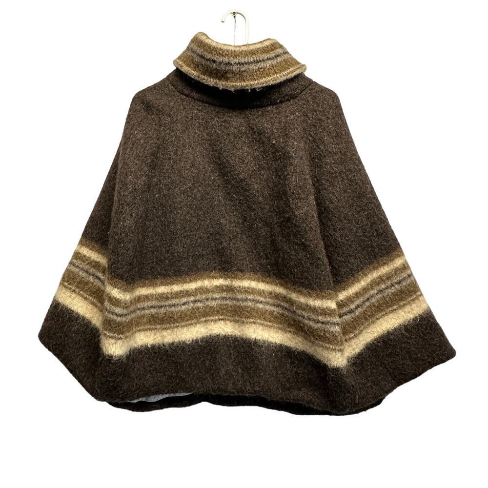 Alis Vintage Icelandic 100% Mountain Sheep Wool Striped‎ Turtleneck Poncho Brown